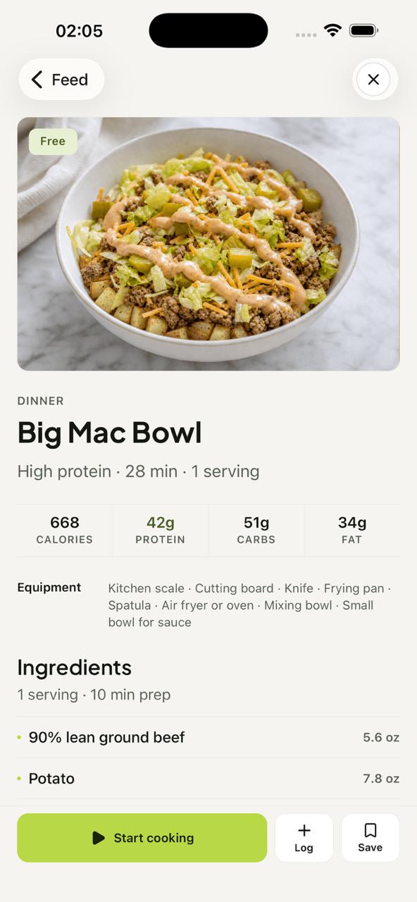 Macromaxxing recipe detail for a Big Mac Bowl with a Save action