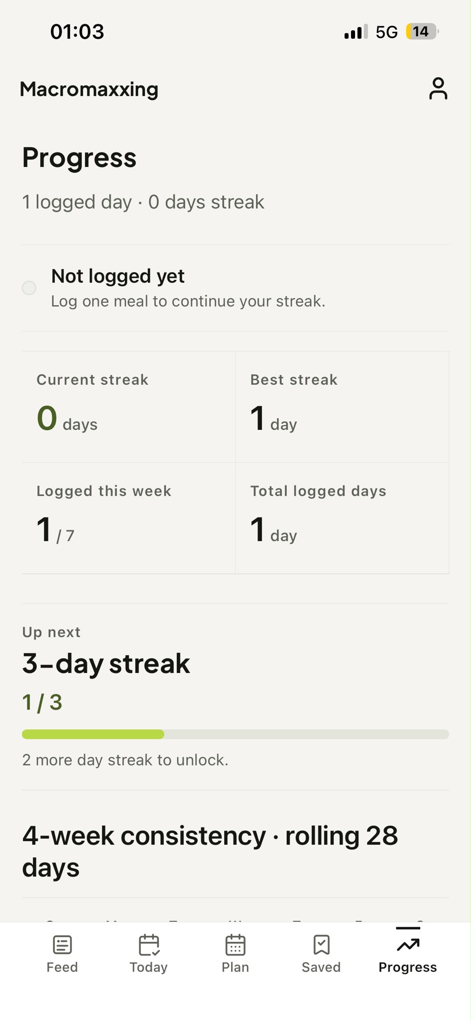 Macromaxxing Progress screen showing logged days, weekly consistency, streaks, and upcoming milestones