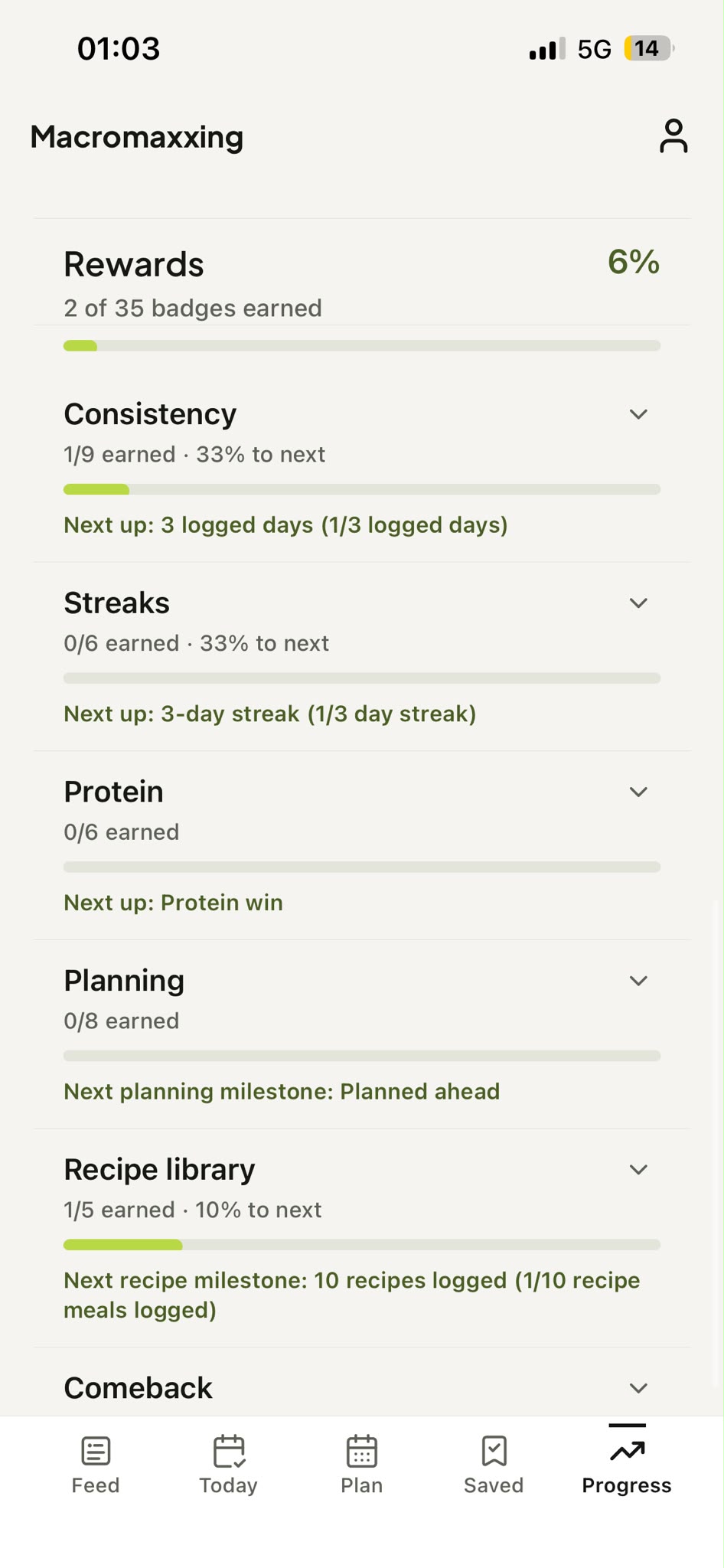 Macromaxxing Rewards screen showing consistency, streak, protein, planning, and recipe-library badge milestones