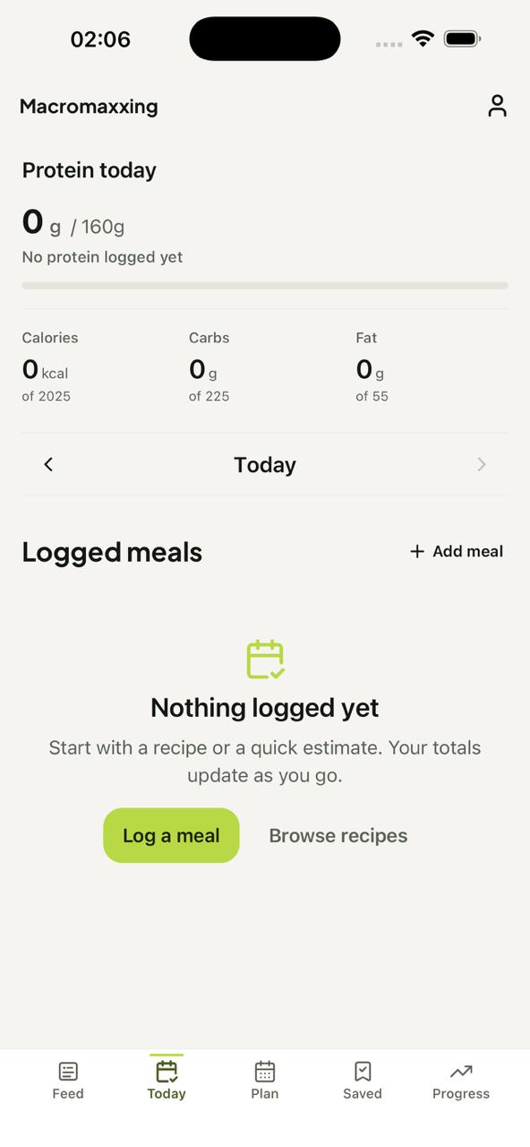 Macromaxxing Today screen showing macros, an empty logged-meals state, and actions to log or browse recipes