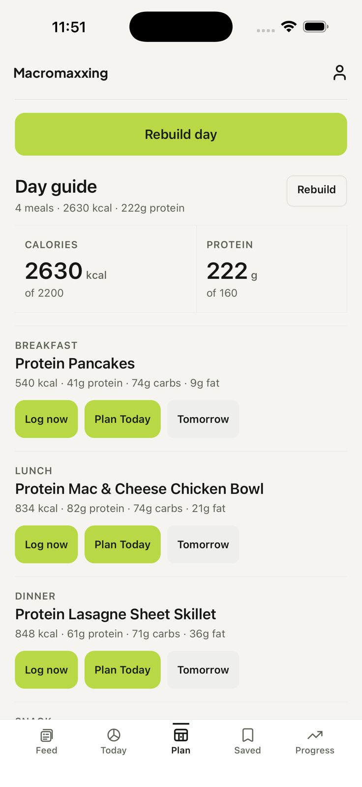 Macromaxxing Day Guide showing planned meals and daily macros