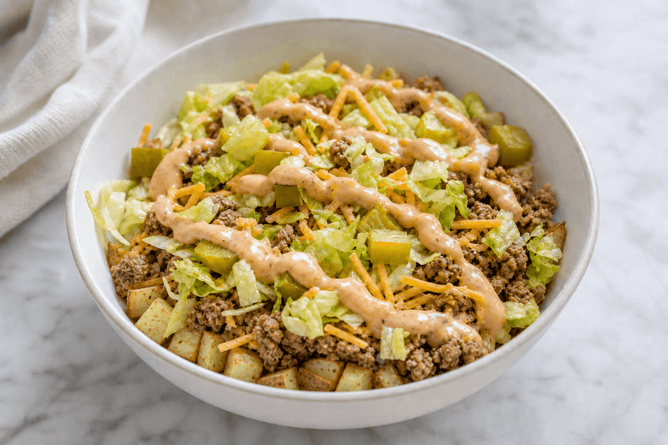 Big Mac bowl with seasoned beef, lettuce, pickles, potatoes, cheese, and sauce