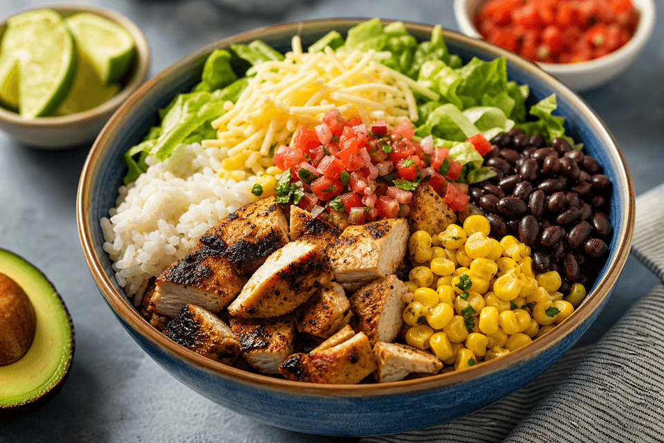 Chicken burrito bowl with grilled chicken, rice, black beans, corn, lettuce, cheese, and salsa