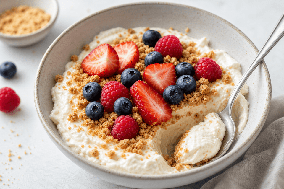 Protein cheesecake bowl topped with strawberries, raspberries, blueberries, and biscuit crumbs