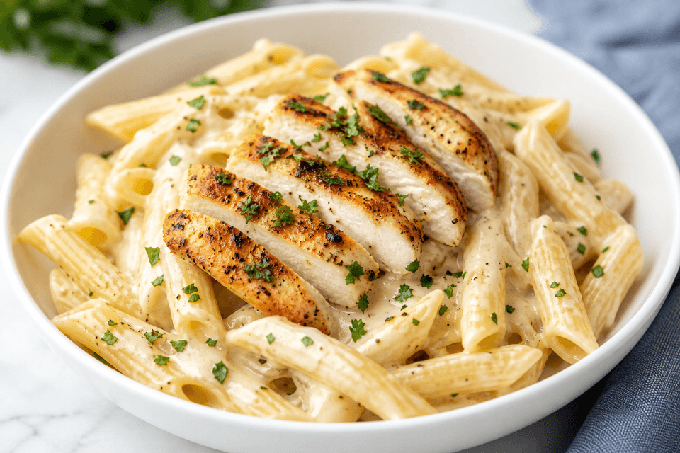 Chicken Alfredo pasta with sliced chicken, creamy sauce, and parsley