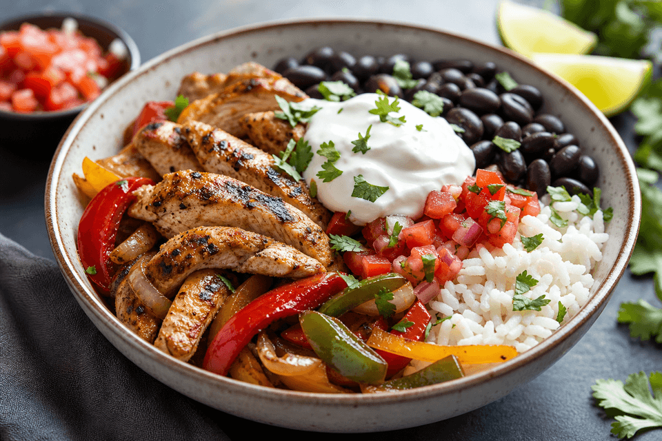 Chicken fajita bowl with grilled chicken, peppers, rice, black beans, salsa, and lime