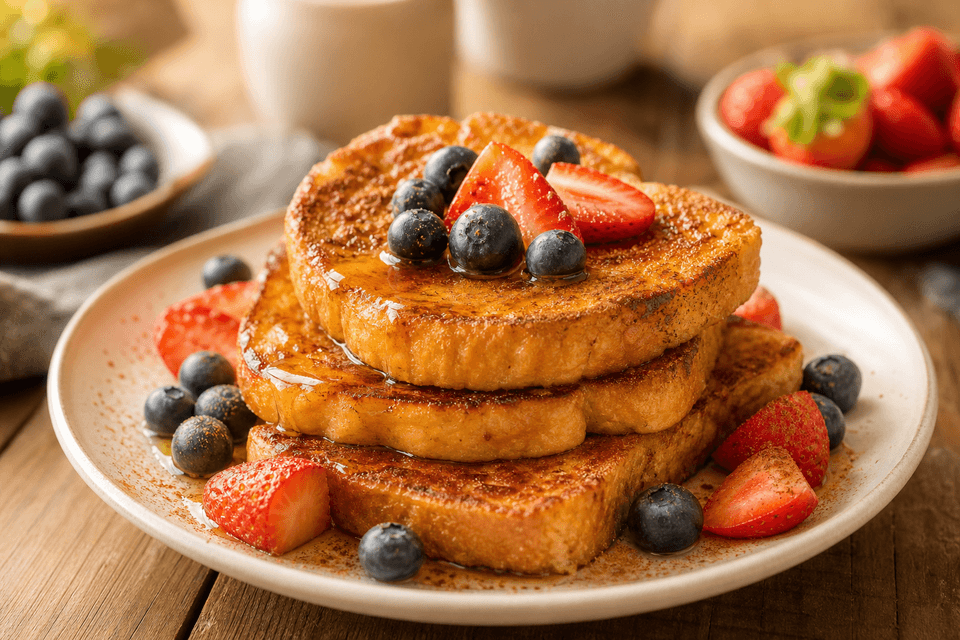 Stack of high-protein French toast with berries and syrup