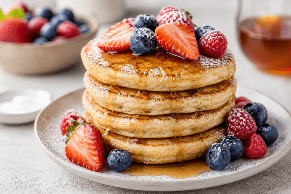 Stack of protein pancakes topped with berries and maple syrup