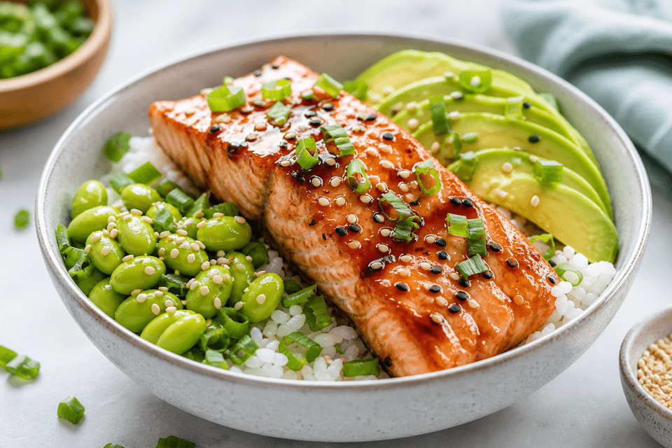 Salmon rice bowl with edamame, avocado, rice, and sesame