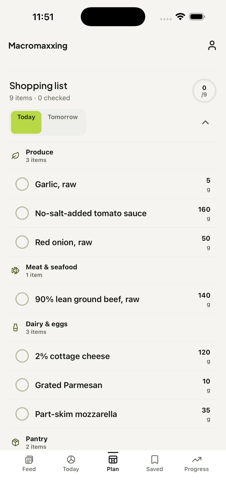 Macromaxxing Shopping List showing ingredients organised for a planned day