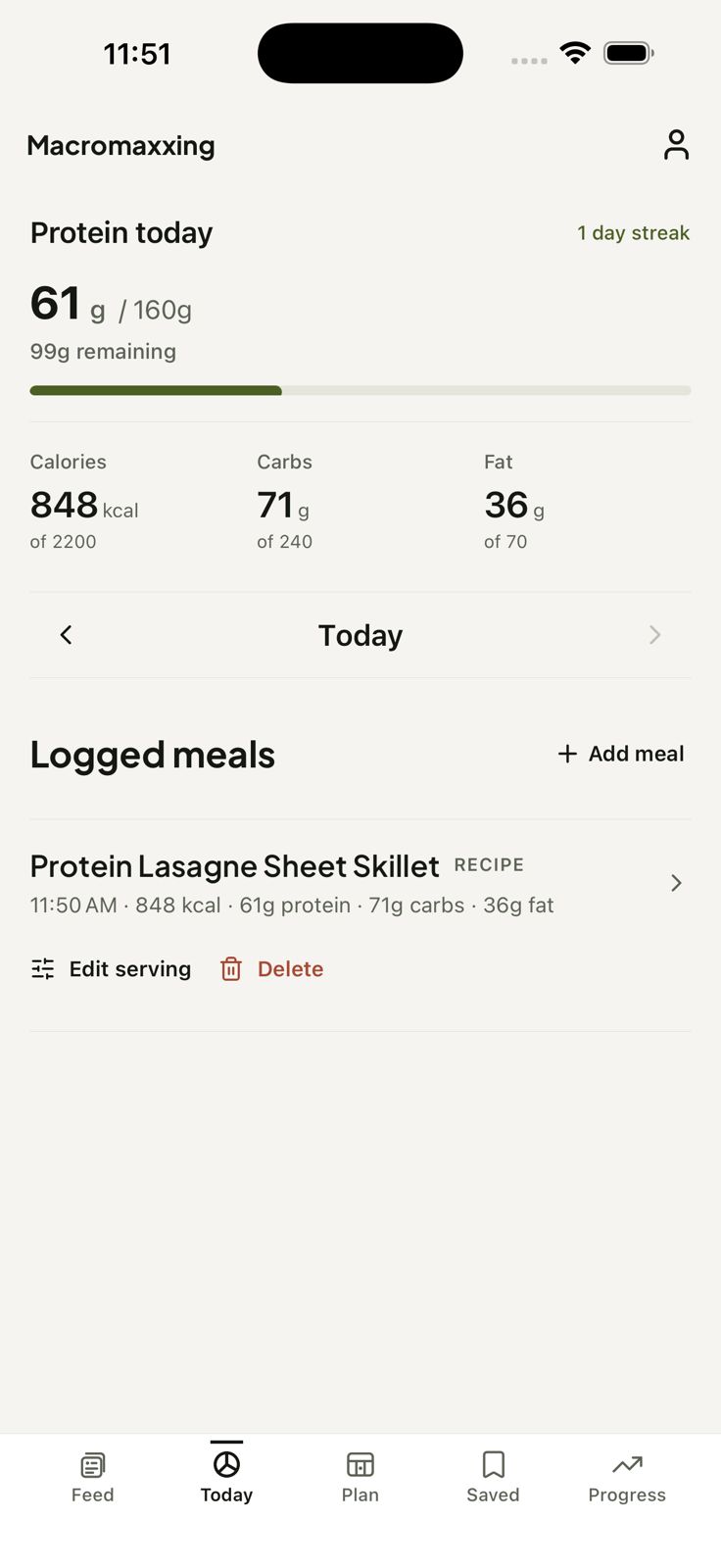 Macromaxxing Today screen with protein, calories, carbs, and fat tracking